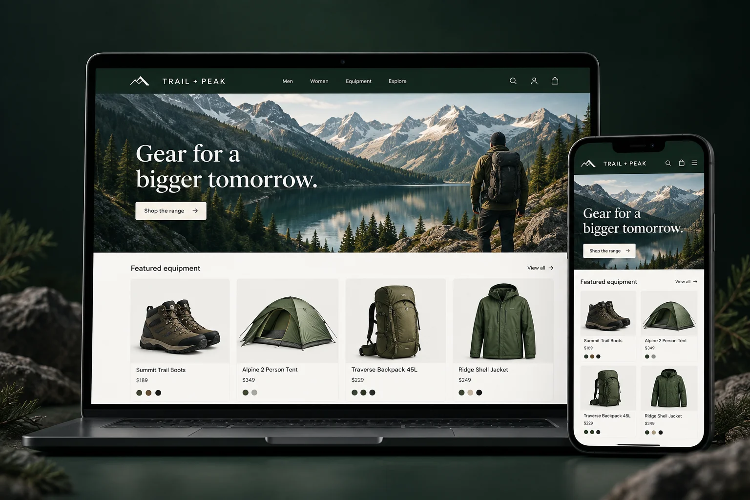 Illustrative outdoor store design shown on desktop and mobile